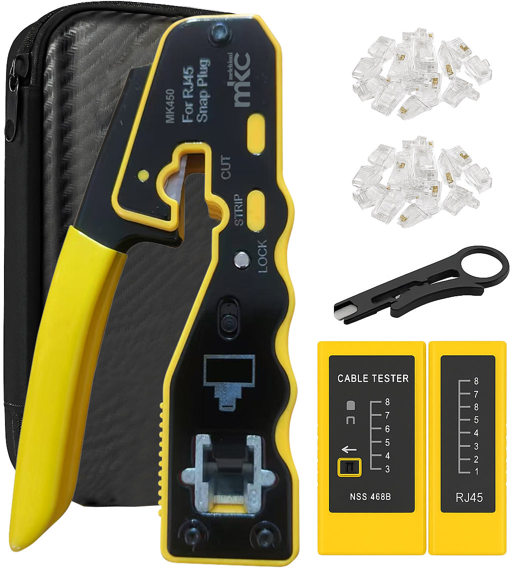 MELCHIONI 495138597 MK450 KitMini - Astuccio con Pinza Crimpatrice RJ45 Passante + Spellacavi + Cable Tester + connettori passanti UTP Cat5e e Cat6